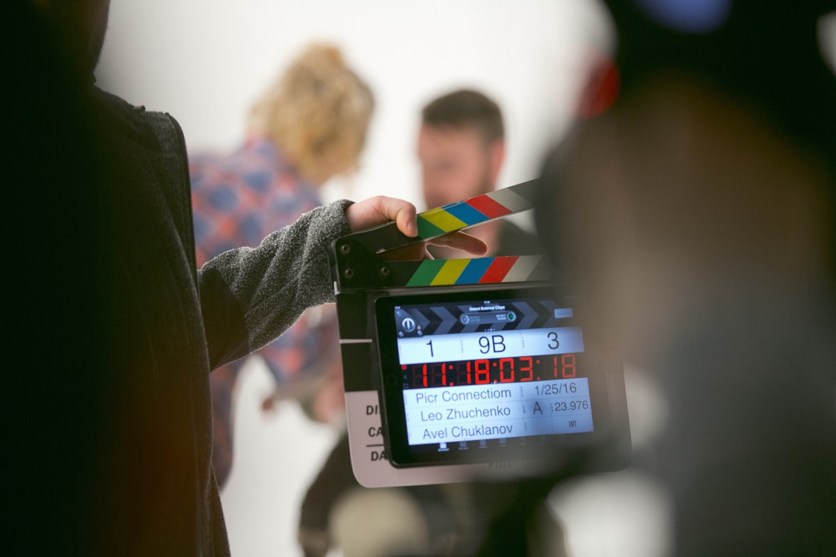 Film set with camera and lighting rig