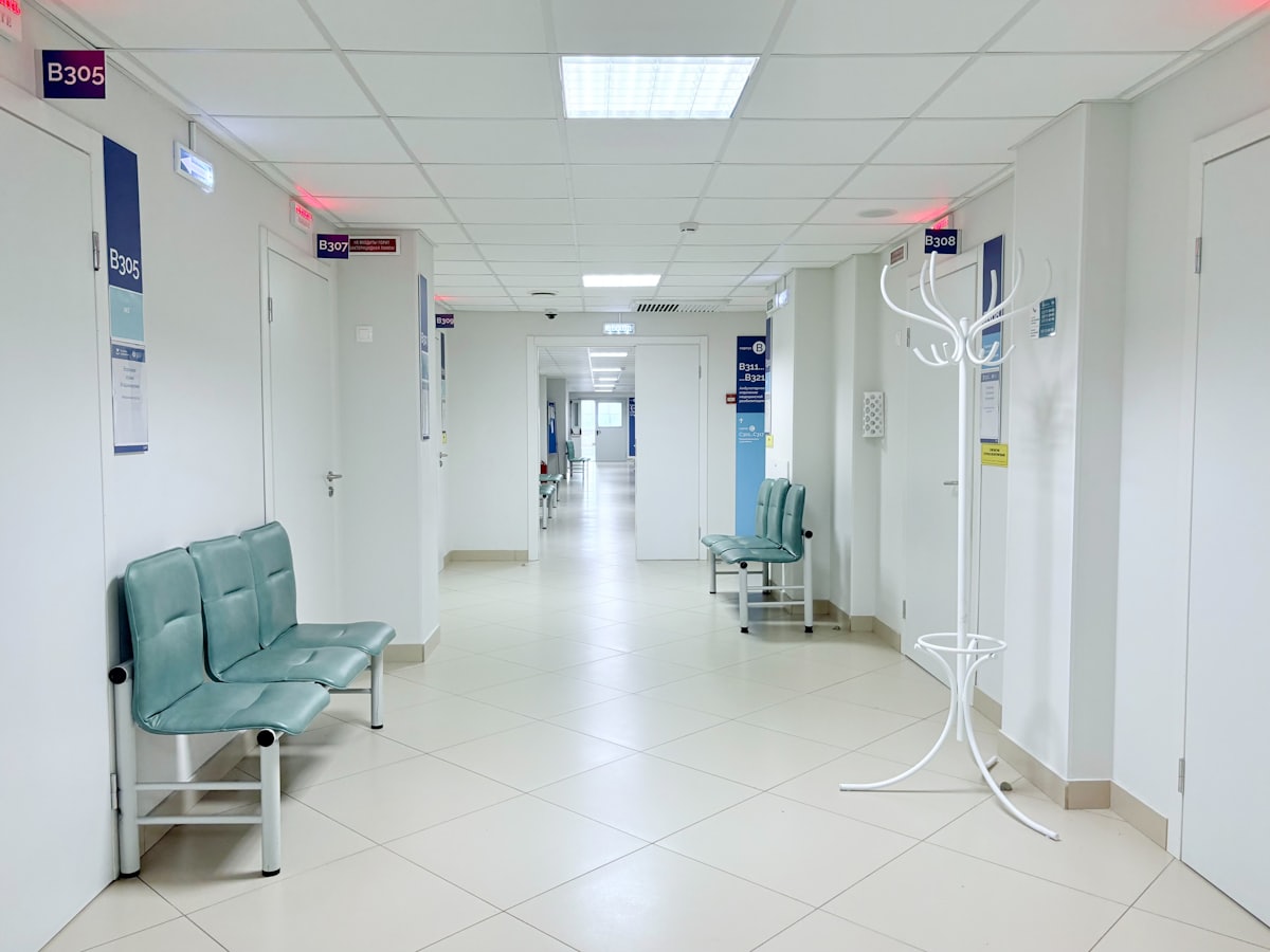 Hospital corridor representing clinical documentation workflows